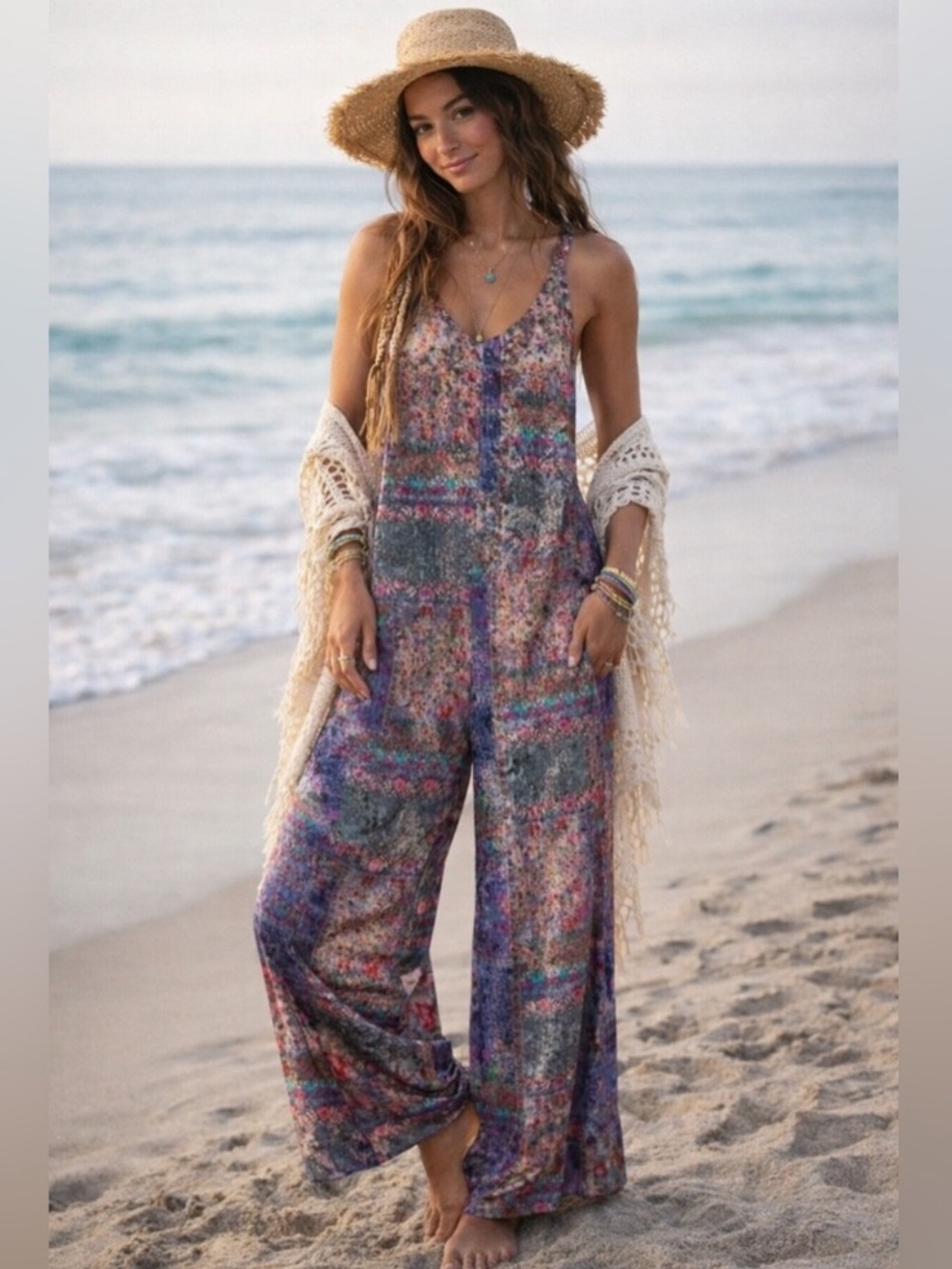 NWT Natural Life Josie Velvet Printed Patchwork Wide Leg Jumpsuit Floral Velour
